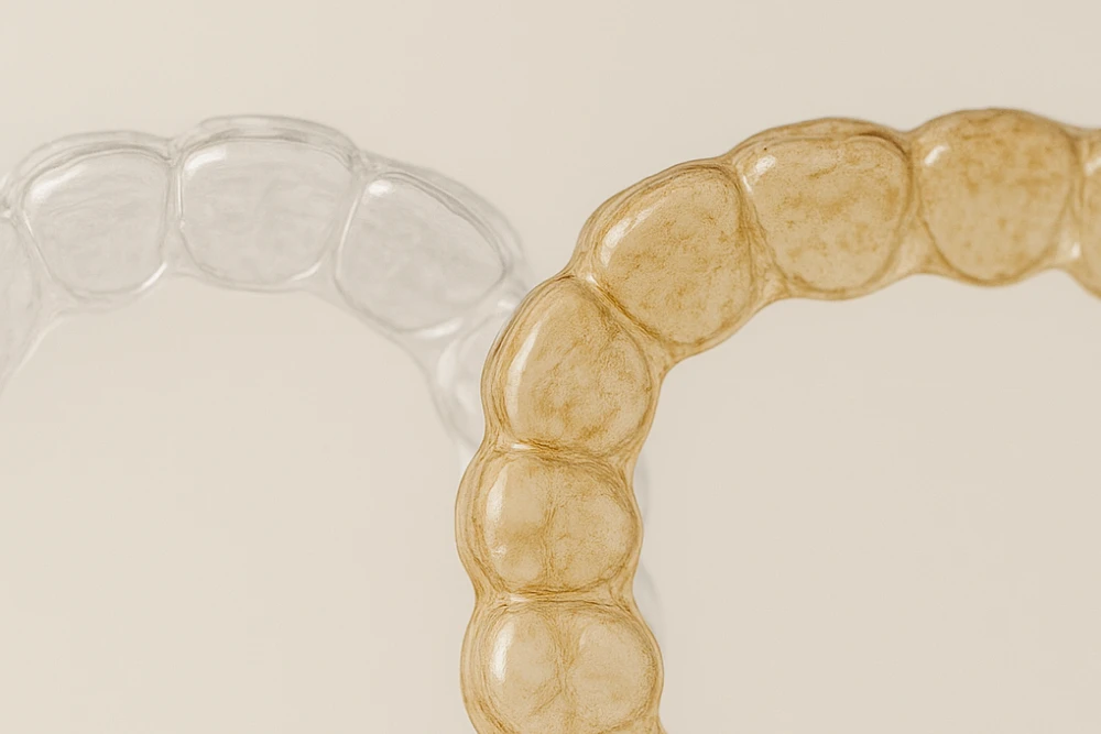 Close-up of clean aligners - Nunyara Dental Close-up of clean aligners next to stained aligners.
