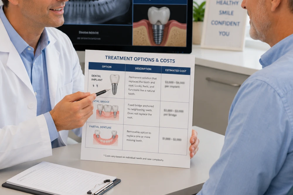 Dentist explains a'Treatment Options & Costs' chart to a patient, showing images of dental implants, bridges, and partial dentures on the board nearby.