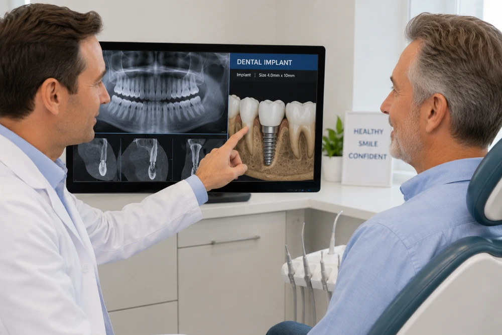 Dentist explains dental implant X-ray and model to patient in a clinic.