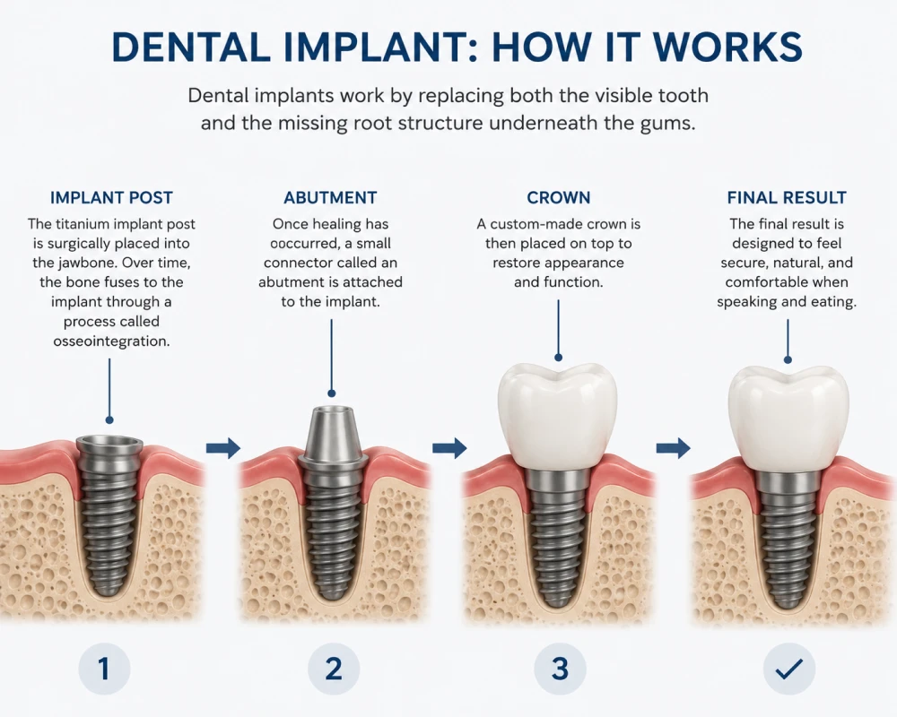 Step-by-step diagram of a dental implants: post insertion, abutment, crown placement, and final tooth restore in the gum.