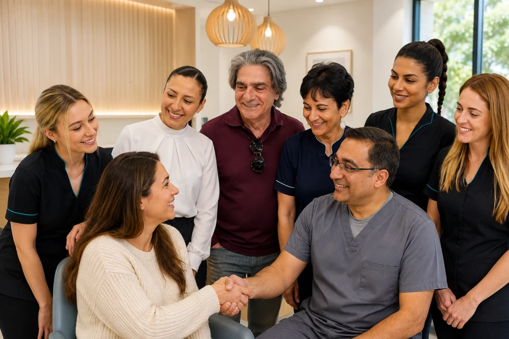 A diverse group of healthcare professionals and a patient shake hands in a bright clinic lounge, sharing a warm moment.
