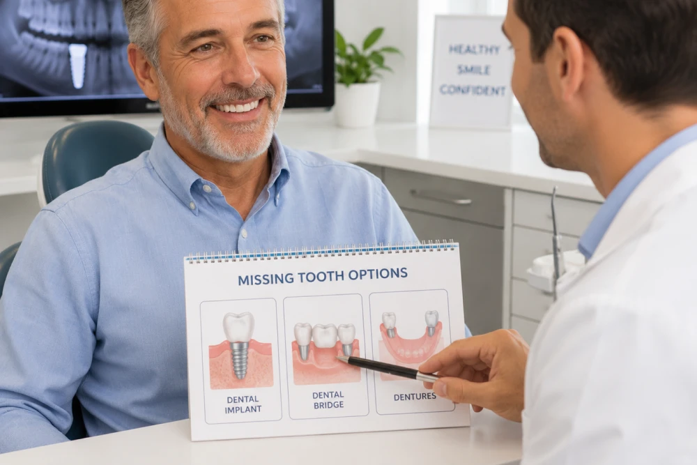 Dentist discussing missing-tooth options with a smiling patient, pointing at a chart showing dental implants, bridge, and dentures
