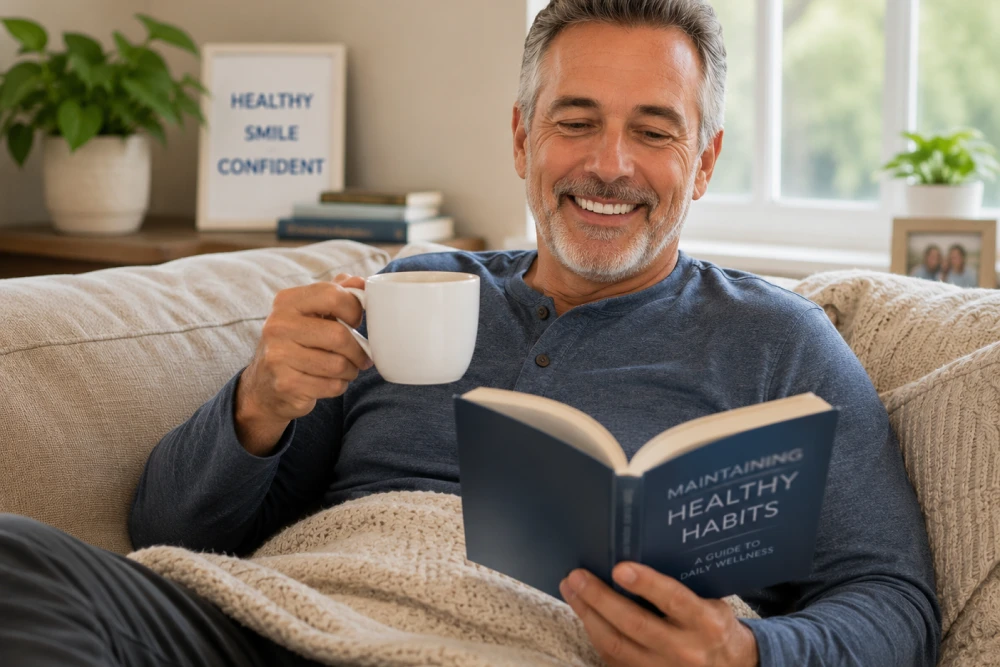 Smiling man relaxing on a beige couch, reading a book titled'Maintaining Healthy Habits' while holding a mug.