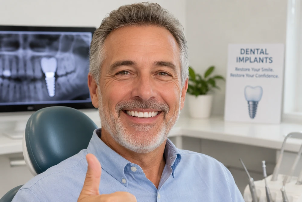 Smiling man in a dental clinic giving a thumbs up, X-ray image visible on monitor in background in a dental setting.
