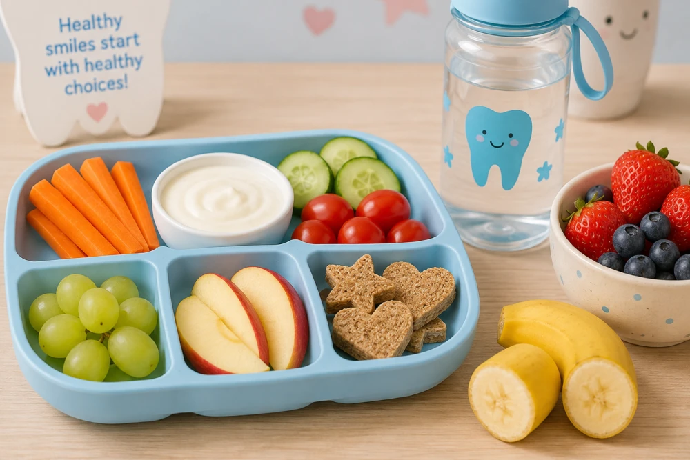 Child-friendly healthy snacks, water and fresh fruit - Nunyara Dental Blue partitioned lunch tray with carrot sticks, dip, cucumber, cherry tomatoes, grapes, apple slices and heart-shaped crackers beside a water bottle.