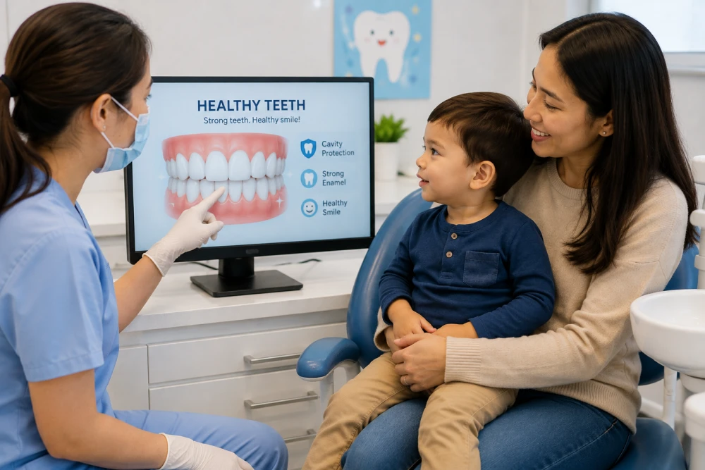 Dentist showing child and parent healthy teeth on a screen - Nunyara Dental Dentist in a blue uniform and mask points to a teeth diagram on a monitor for a mother and her young son.