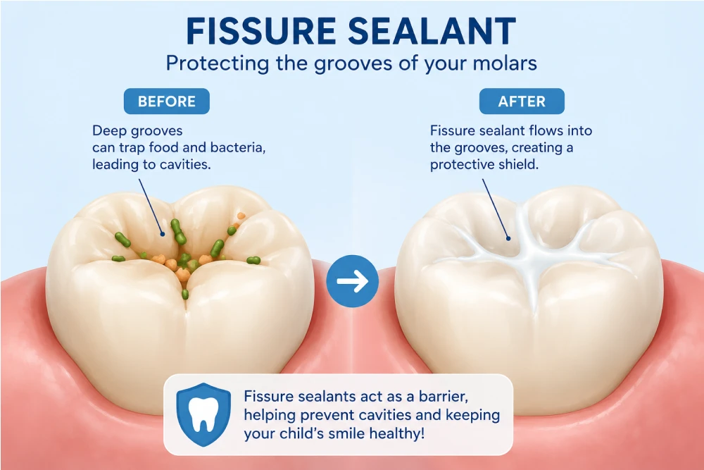 Illustration showing fissure sealant protecting the grooves of a molar - Nunyara Dental Infographic showing fissure sealants protecting molar grooves: before with bacteria-caused cavities, after with sealant forming a protective shield on the grooves and clean tooth surface, caption below explains the benefit