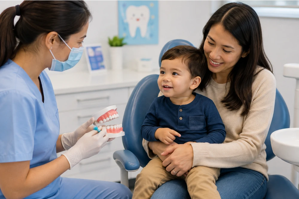 Parent holding toddler during first dental visit - Nunyara Dental Dental assistant in scrubs and a mask demonstrates a dental model to a smiling mother and her young son in a clinic.