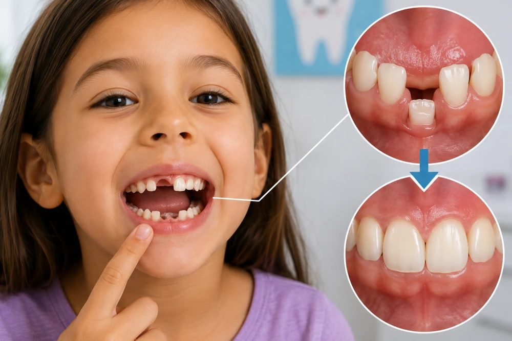 What Happens As Adult Teeth Begin To Arrive - Nunyara Dental Smiling young girl showing a missing front tooth; circular insets compare teeth before (gapped, crooked) and after (straight, aligned) dental treatment.